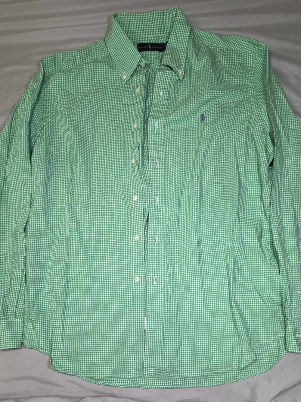 Ralph Lauren Green White Mini Gingham Button Down Shirt Purple Pony Mens XL